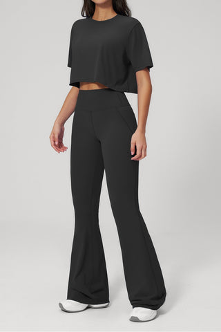 Short Sleeve Crop Top & High Waist Flared Pants Set – Snatched Fit, Made to Move
