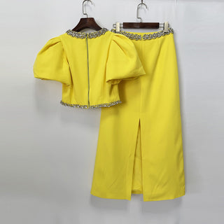 Puff Sleeve Cropped Top & High-Waist Long Skirt Set with Jeweled Details