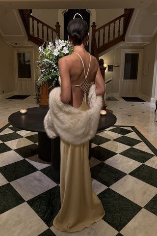 Satin Halter Long Dress with Crystal Open Back Detail