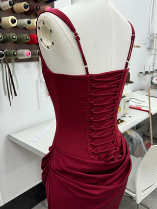 Structured Corset Back Long Dress with Draped Silhouette