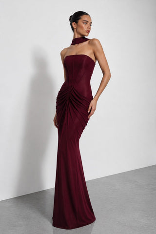 Strapless Corset Draped Long Dress with Ruched Hip Detail