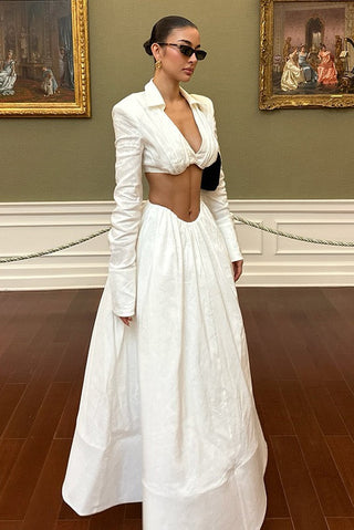Cropped Shirt & Full Skirt Set – Long Sleeve Two-Piece Set