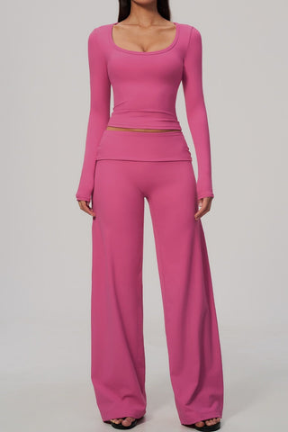 Scoop Neck Long Sleeve Top & Foldover Wide-Leg Pants Set