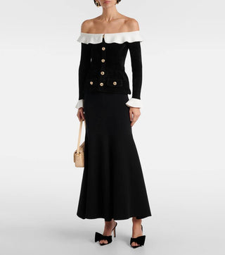 Ruffle Off-Shoulder Long-Sleeve Peplum Knit Top with Gold Button Detail