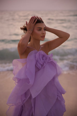 Floral Ruffle Organza Long Dress with Halter Neck