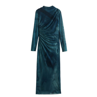 Jodi  Marble Print High Neck Mesh Long Dress