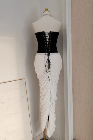 Premium Velvet Corset Strapless Long Dress with Sculpted Bodice and Pleated Draped Skirt