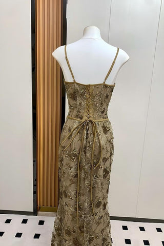 Floral Sequin Corset Long Dress – Spaghetti Strap Fitted Dress