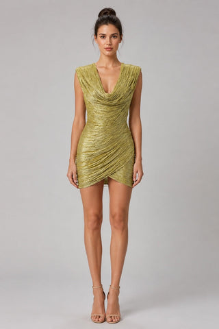 Metallic Draped Cowl Neck Sleeveless Bandage Mini Dress