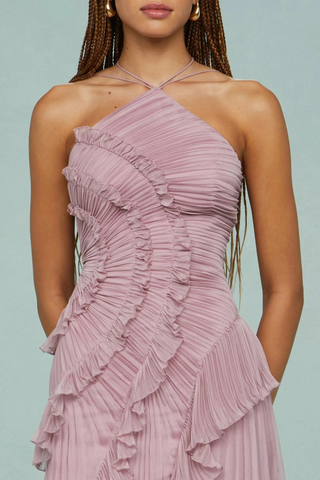 Halter Neck Pleated Ruffle Long Dress