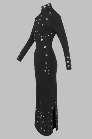 High Neck Long Sleeve Long Dress with Metal Stud Embellishments