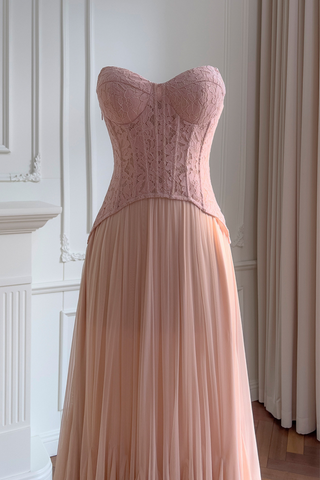 Romantic Blush Lace-Up Corset Maxi Dress with Sweetheart Neckline & Flowing Pleated Skirt