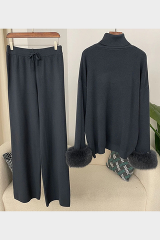 Faux Fur Trim Turtleneck Knit Set – Long Sleeve Top & Wide-Leg Pants