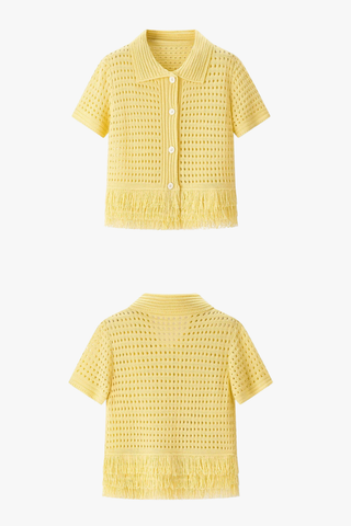 Fringe Hem Knit Set – Crochet Button-Up Top & Ribbed Mini Skirt