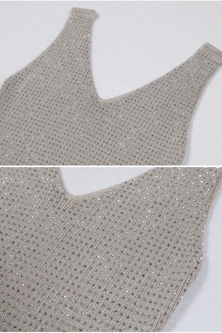 Sleeveless Knit Long Dress with V-Neck and Rhinestone Embellishment