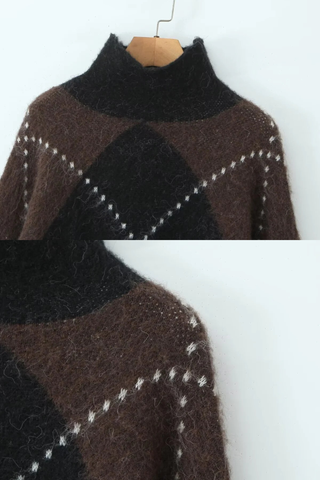 Fuzzy Argyle Knit Set – High-Neck Sweater and Mini Skirt