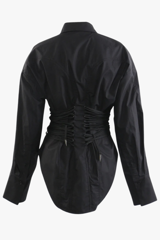 Long Sleeve Corset Waist Button-Up Shirt Dress with Lace-Up Back