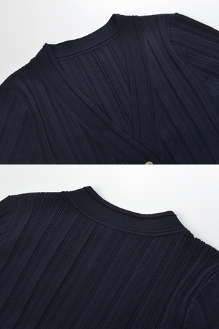 Ribbed Knit Mid-Long Dress with Contrast Pleated Cuffs and Button Front