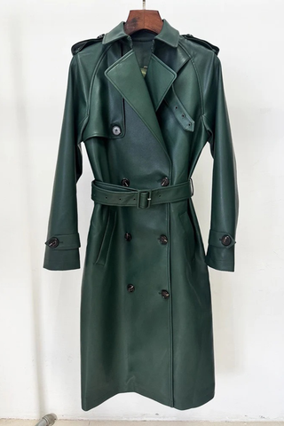 Long Sleeve Double-Breasted Faux Leather Trench Coat with Belt