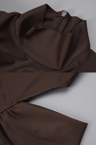 Long Sleeve High-Neck Stretch Long Dress – Side Cut-Out Ruched Design