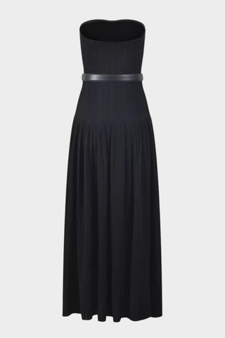 Strapless Pleated Knit Long Dress with Belt – Elegant Stretch Fabric