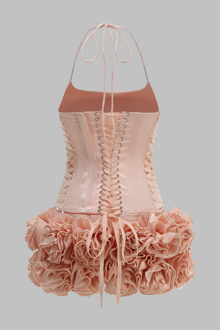 Rosette Bloom Hourglass Corset Mini Dress with  3D Ruffled Skirt in Blush Satin