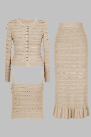 Three-Piece Knitted Set with Rhinestone Trim – Cardigan, Cami Top & Midi Long Skirt