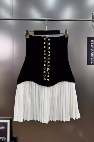 Velvet Corset Mini Dress with Pleated Skirt – Sleeveless Structured Bodice