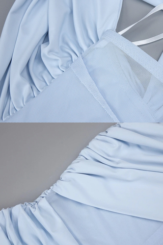 Sleeveless Ruched Mesh Long Dress with Fringed Hem and Crisscross Draping