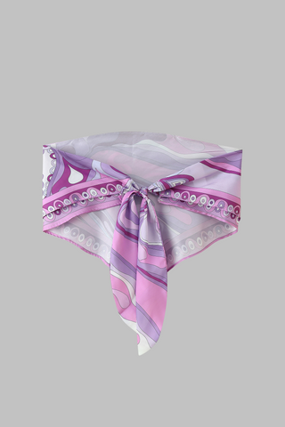 Retro Swirl Satin Two-Piece Set – Scarf Tie Crop Top & High-Waist Long Skirt