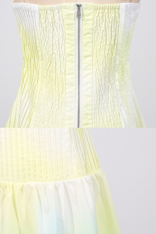 Strapless Pleated Bodice Gradient Long  Dress with Oversized Floral Hem