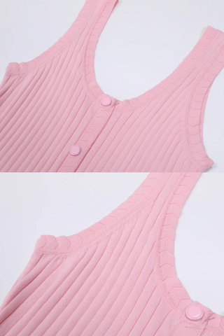 Sleeveless Ribbed Knit Long Dress with Pleated Hem