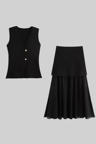 Summer Buttoned Knit Vest & Pleated Long Skirt Set