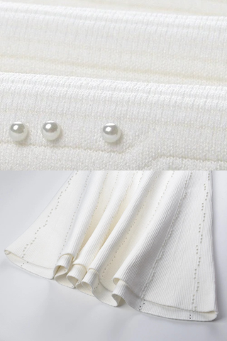 Pearl-Embellished Sculpted Knit Mini Dress with Flared Fit