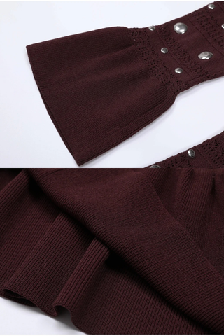 Studded Knit Long Dress – Elegant Long Sleeve Flared Cuff Evening Dress