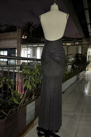 Hot Diamond Sparkle Bodycon Long Dress with Sculpted Pleats and Backless Cut