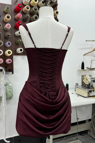 Draped Corset Mini Dress – Square Neck Satin Ruched Bodycon Dress