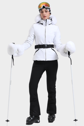 Tailored Ski Jacket with Belted Waist, Fur Details, and Long-Sleeve Design