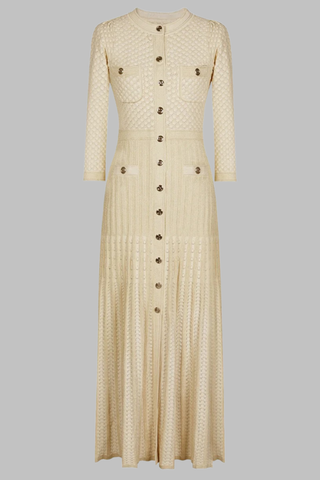 Shimmer Knit Mid-Long Dress with Three-Quarter Sleeves and Front Buttons