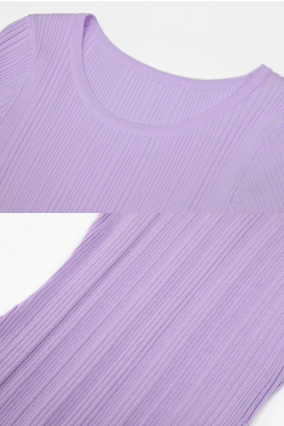 Ribbed Knit Round Neck Short Sleeve Long Dress with Lace Panels & Ruffle Hem