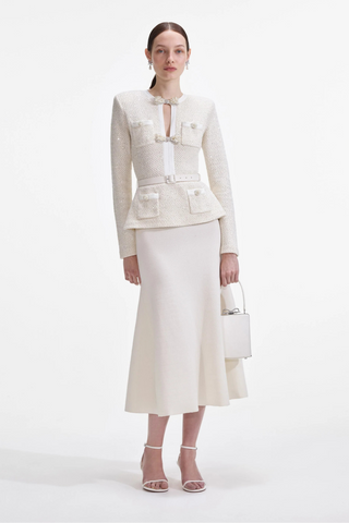 Tweed Embellished Long-Sleeve Top & Wool Long Skirt Two-Piece Set