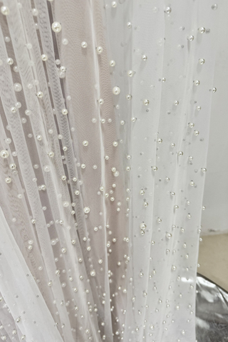 Heavy Pearl-Embroidered Mesh Tulle Long Dress with High Collar and Draped Cape