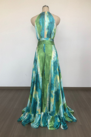 Emerald Ocean Breeze Plunge Halter  Long Dress with Cascading Ruffle Skirt