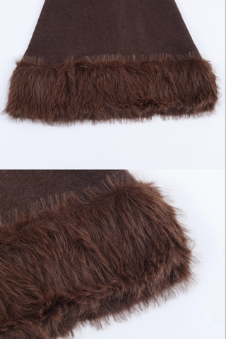 Brown Wool Short Sleeve Mini Dress with Faux Fur Trim