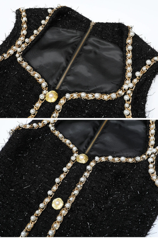 Sleeveless Tweed Mini Dress with Pearl Chain Trim & Structured Fit