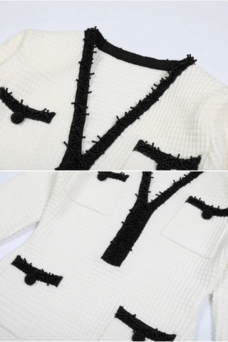 V-Neck Tweed Mini Dress with Front Pockets & Accents