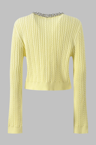 Butter Yellow Long Sleeve Cable Knit Cardigan with Crystal Collar and Pearl Buttons