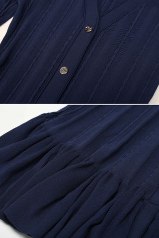 Cable-Knit Button-Front Long Dress with V-Neck and Flared Hem