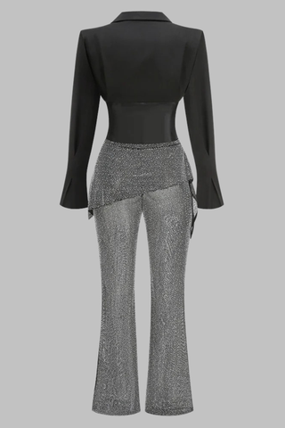 Long Sleeve Blazer and Corset Set with Rhinestone Flared Pants