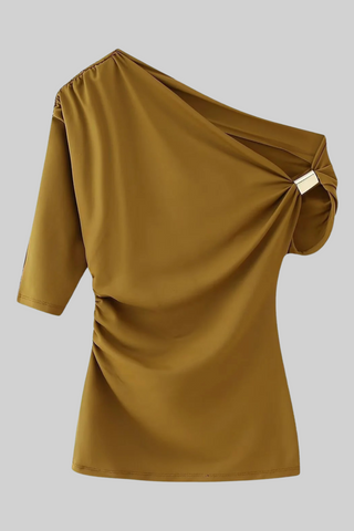 Asymmetric Draped Half Sleeve Top with Metal Accent